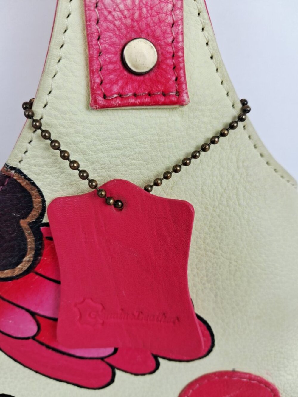 Retro 60s 70s Red Cream Floral Genuine Soft Leather Shoulder Bag Double Handle - Picture 7 of 16